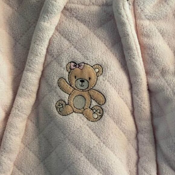 Baby Bunting Hooded Pink Bear Double Zip Footies Quilted Mitts 6-9 mo Ears Cozy - Picture 2 of 7